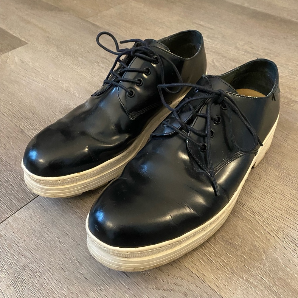 Camper Black Leather Oxfords with Cream Soles